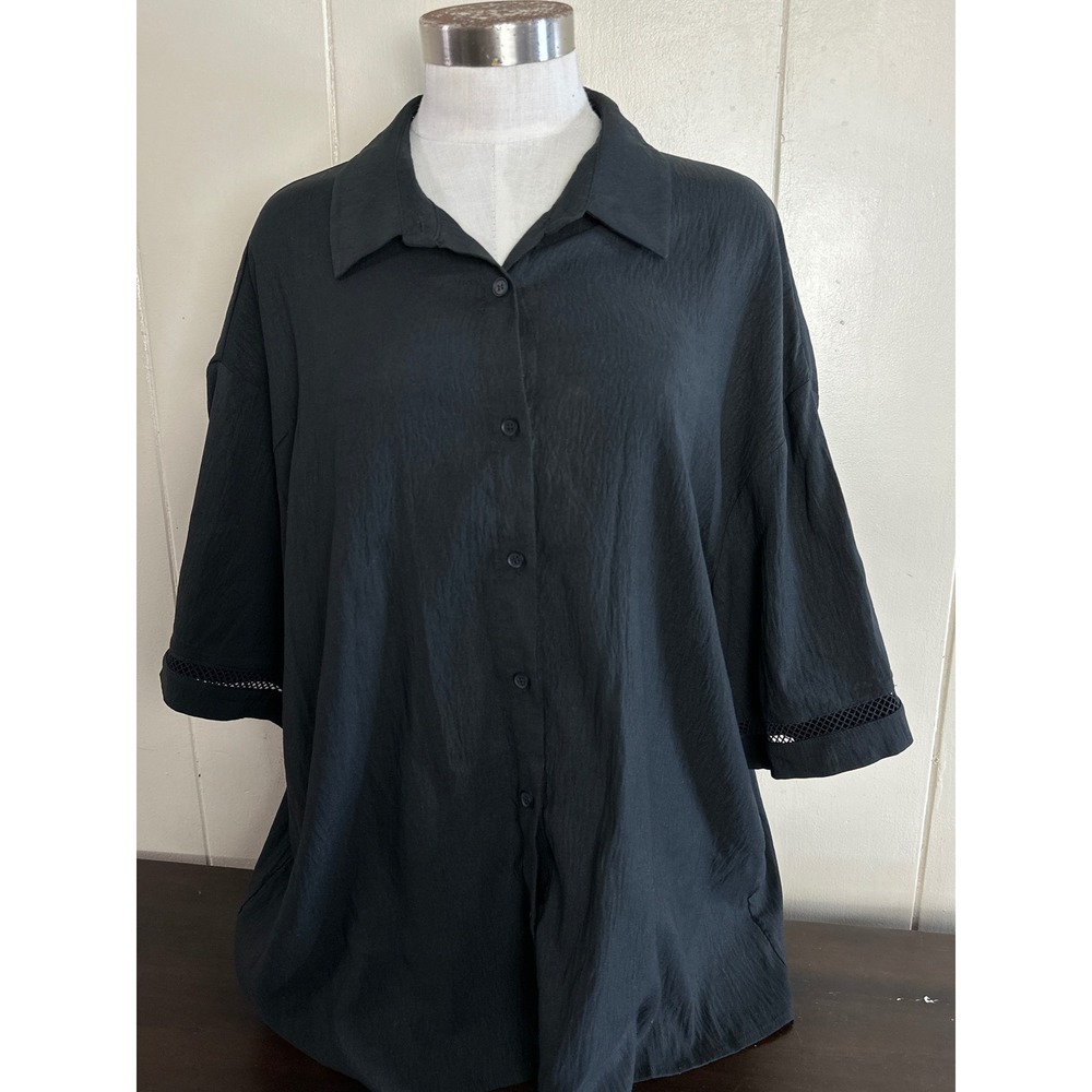 DOKOTOO Black Mesh Trim Crepe Collared Button Up Shirt Top Women's Size 2XL